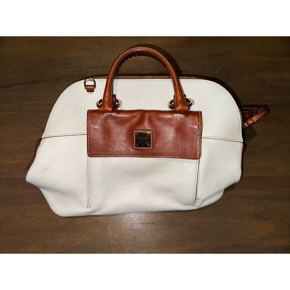 Dooney & Bourke Aubrey Cream Brown PebbleLeather Tassel Satchel Handbag *READ